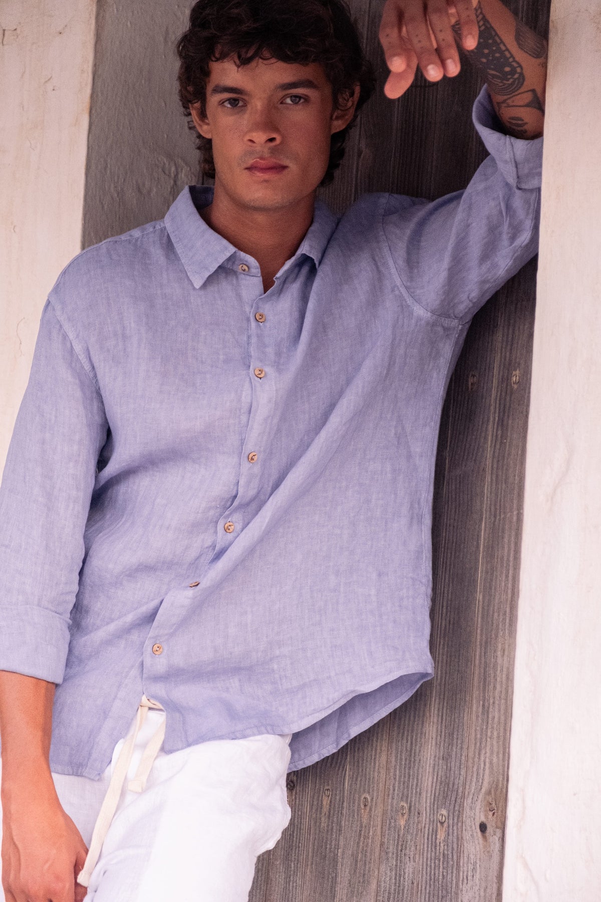 Camisa de Lino 100% Manga Larga Opaco Camisas Polonio UY
