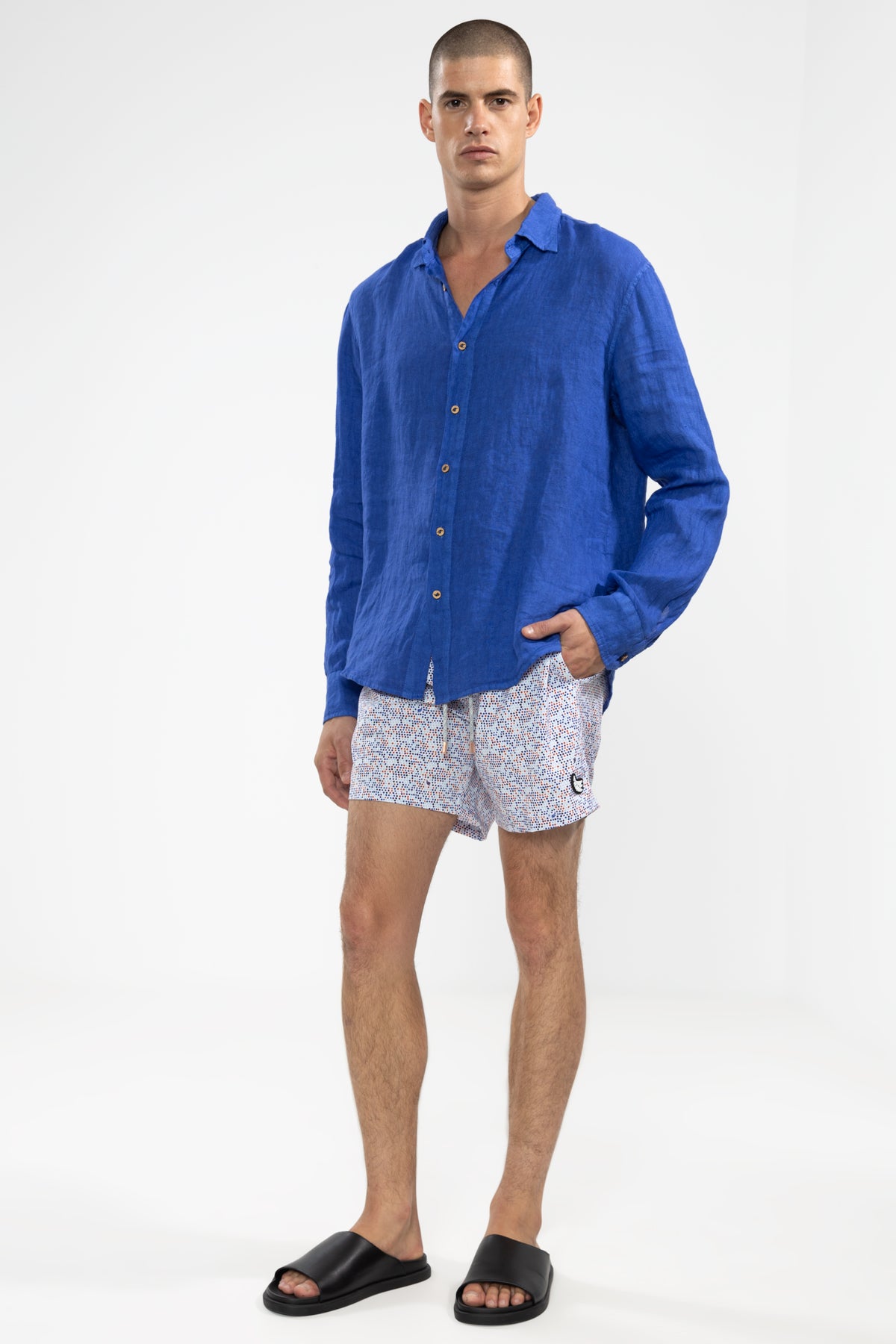Camisa de Lino 100% Manga Larga Cobalt Blue Camisas Polonio UY