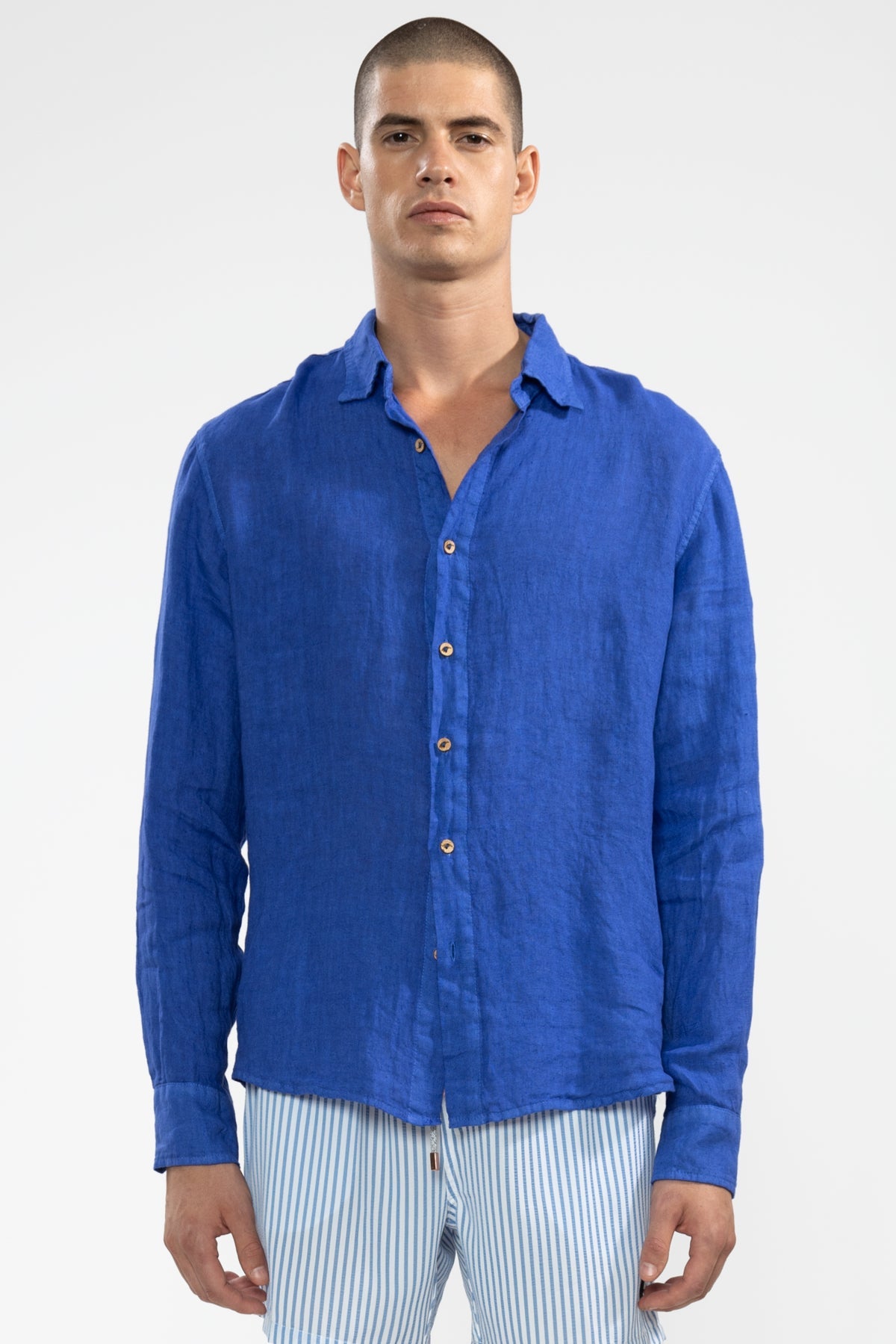 Camisa de Lino 100% Manga Larga Cobalt Blue Camisas Polonio UY