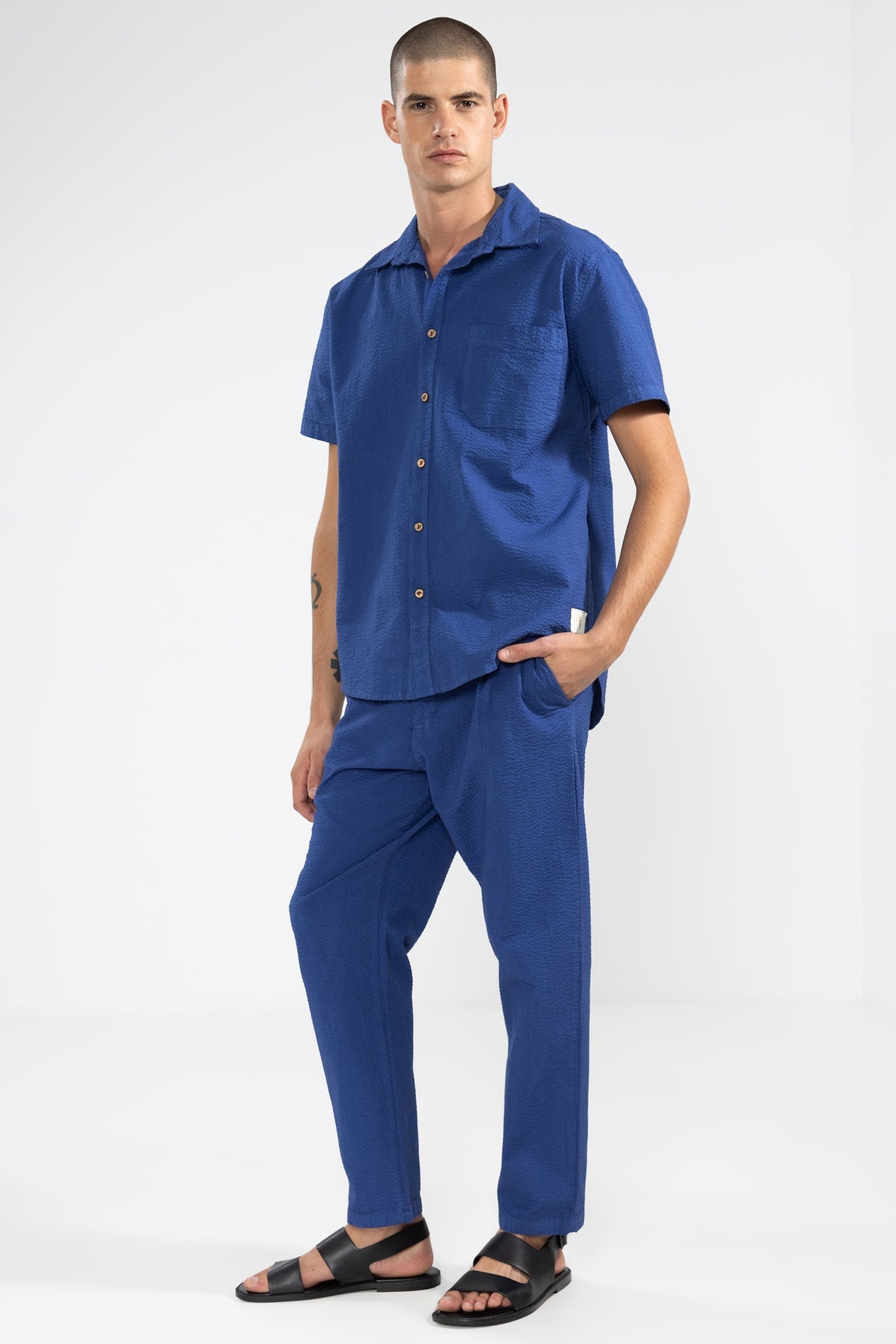 Camisa Manga Corta Seersucker Blue - Polonio Uruguay