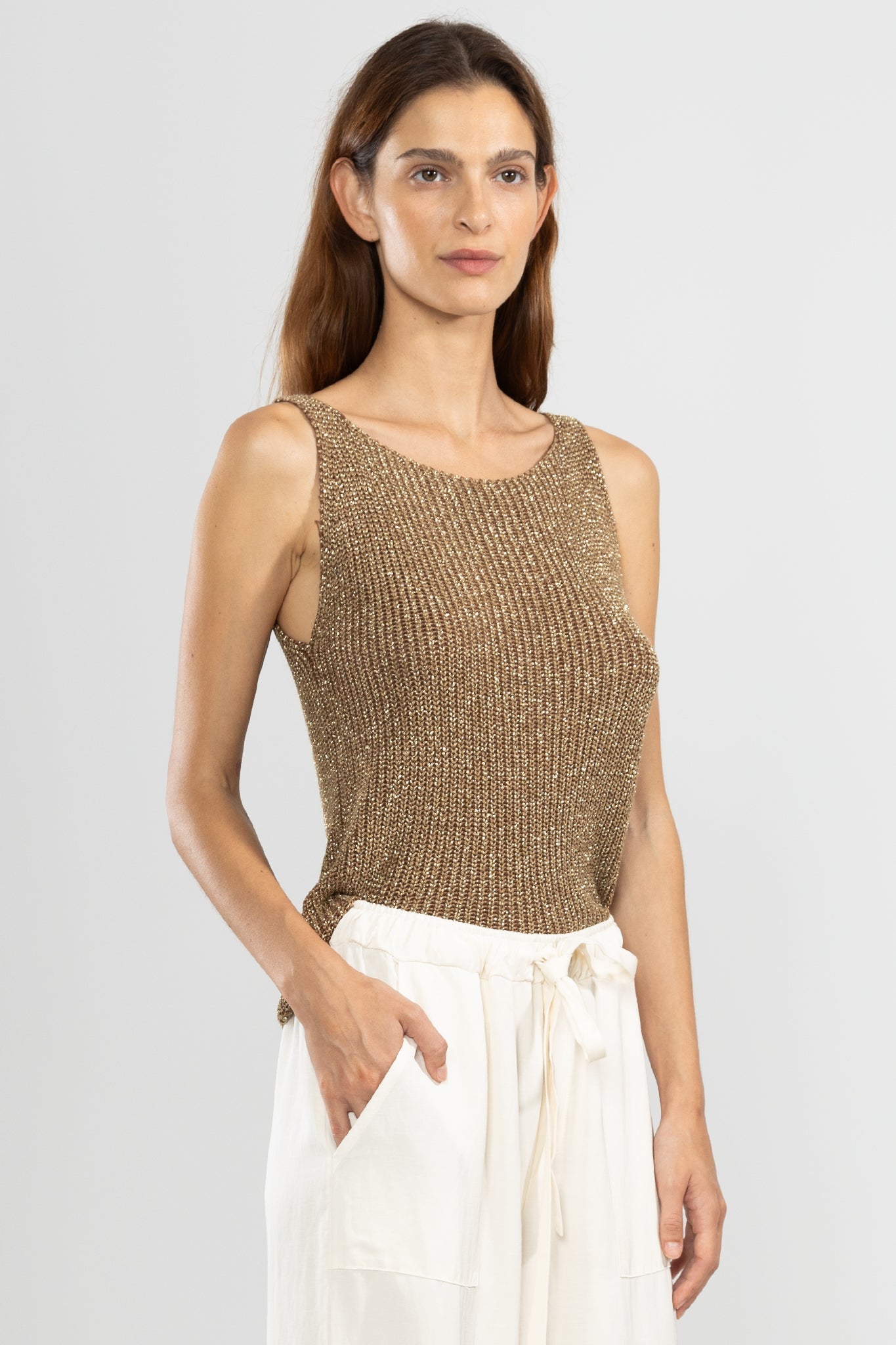 Eli Top Tejido Lurex Camel - Polonio Uruguay
